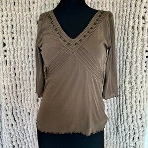 Olsen Brown Embellished V-Neck Blouse – Size Medium
